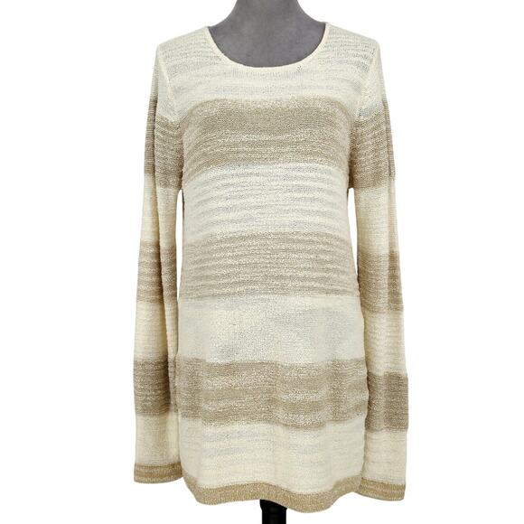 Calvin Klein Sweater Womens Large Ivory Beige Stripe Chiffon Back Pleat Pullover - Picture 1 of 13
